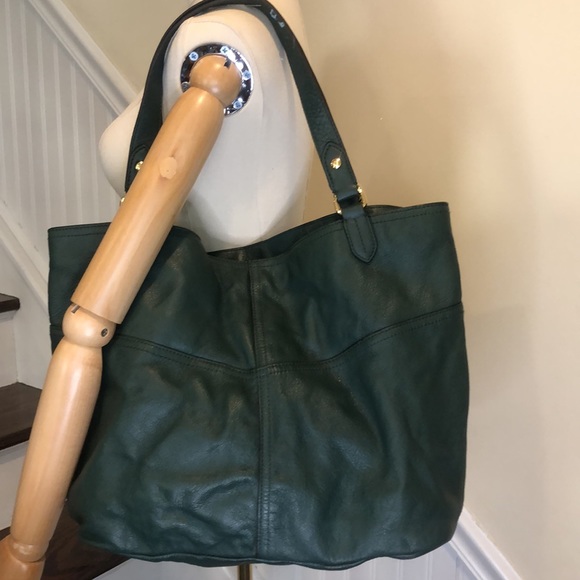 RALPH LAUREN Rich Green Leather Two Handle Tote Bag Interior & Exterior Pockets - Picture 3 of 17